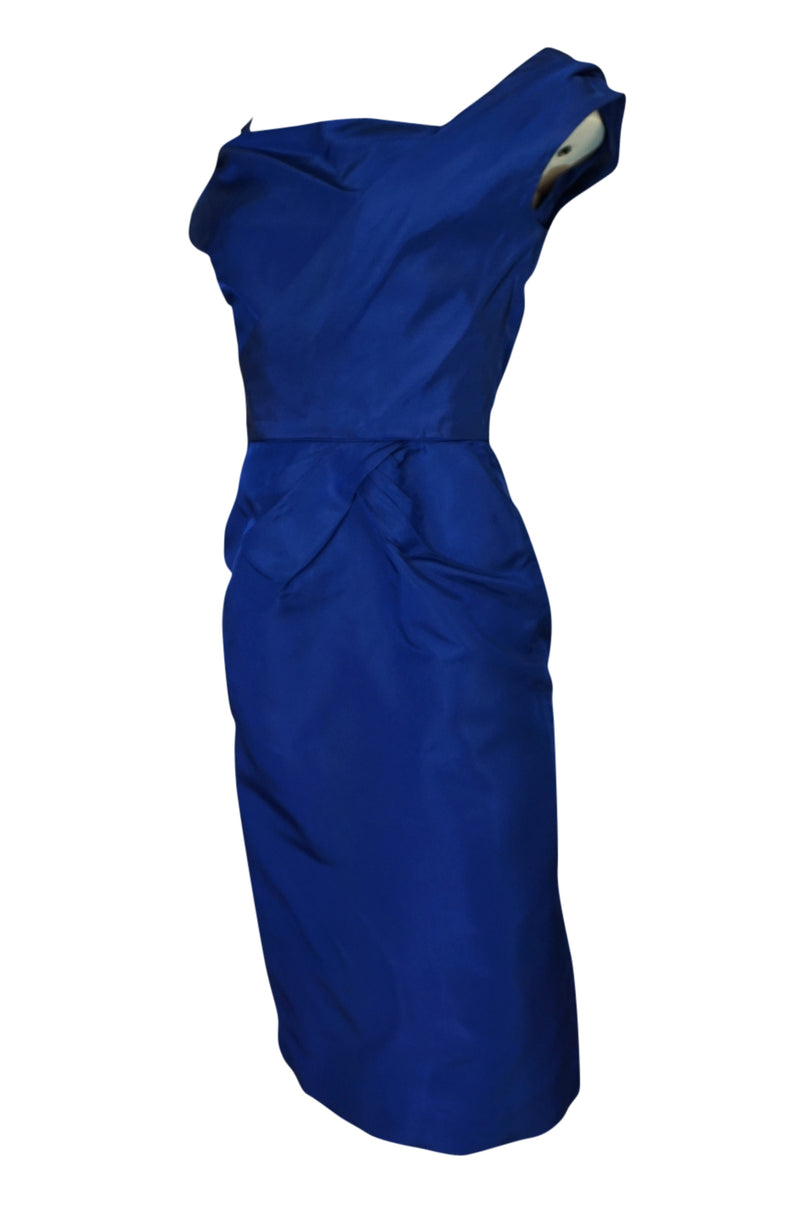 1950s Ceil Chapman Slight Off Shoulder Fitted Blue Silk Dress