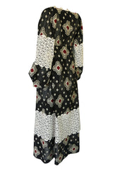 1971 Thea Porter Brocaded Cotton Gauze & Lace Flounce Dress
