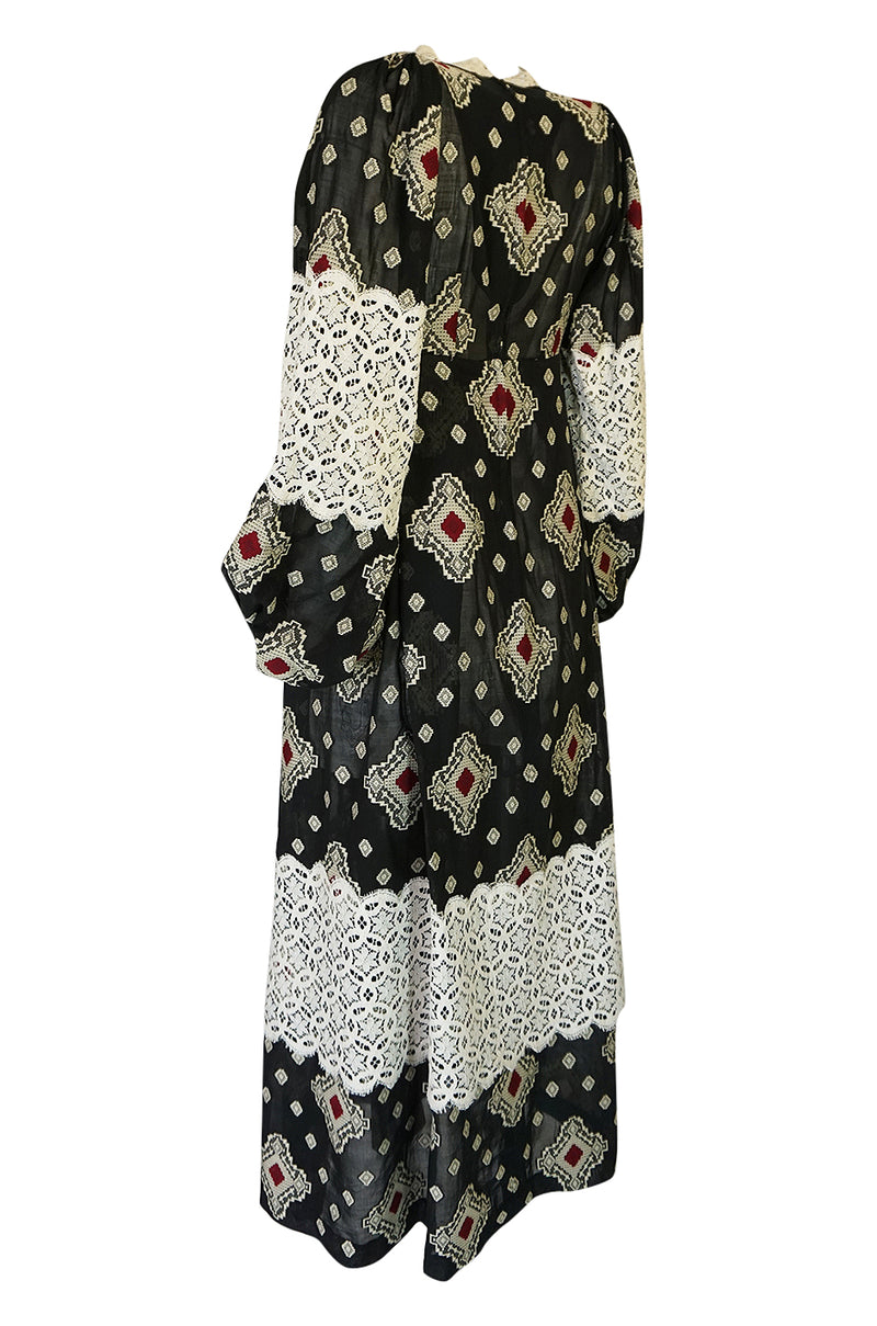 1971 Thea Porter Brocaded Cotton Gauze & Lace Flounce Dress