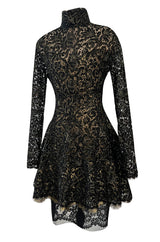 1980s James Galanos Attributed Demi-Couture Black & Metallic Gold Lace Dress Set
