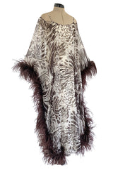 1960s Unlabeled Brown Floral Print Chiffon Caftan Dress w Feather Trim & Bare Shoulder Cut