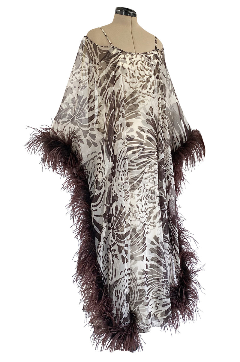 1960s Unlabeled Brown Floral Print Chiffon Caftan Dress w Feather Trim & Bare Shoulder Cut
