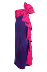 1970s Bill Blass Dramatic Pink & Purple Ruffled Bow Silk Dress