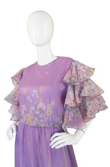 1980s Ruffle Sleeve Floral & Gold Hanae Mori Dress