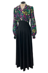 Chic 1930s Silky Rayon Vibrant Floral Printed Dress w Flared Black Crepe Skirt