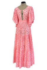 Amazing 1930s Unlabeled Pink Light Woven Cotton Tiered Applique Dress w Amazing Sleeves