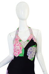Gorgeous 1970s Silk Jersey Floral Print Leonard Halter Dress