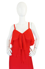 Unworn 1970s Red Silk Chiffon Tiered Ruffle Skirt Dress