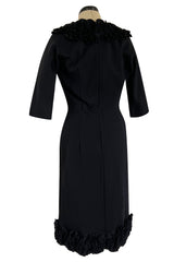 Fabulous Little Late 1950s Unlabeled Black Wool Jersey Ruffled Hem & Collar Dress