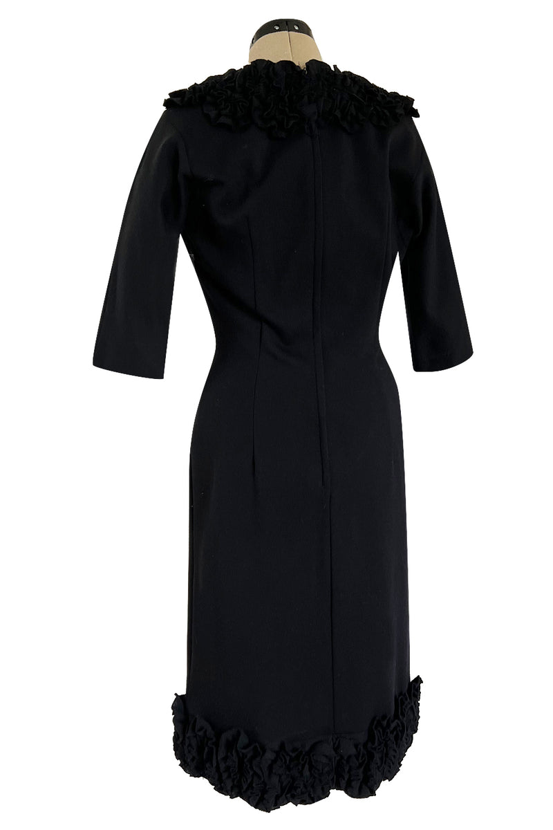 Fabulous Little Late 1950s Unlabeled Black Wool Jersey Ruffled Hem & Collar Dress