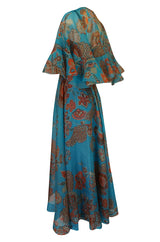 1960s Hardy Amies Deep Turquoise & Printed Silk Organza Dress w Matching Ruffled Capelet