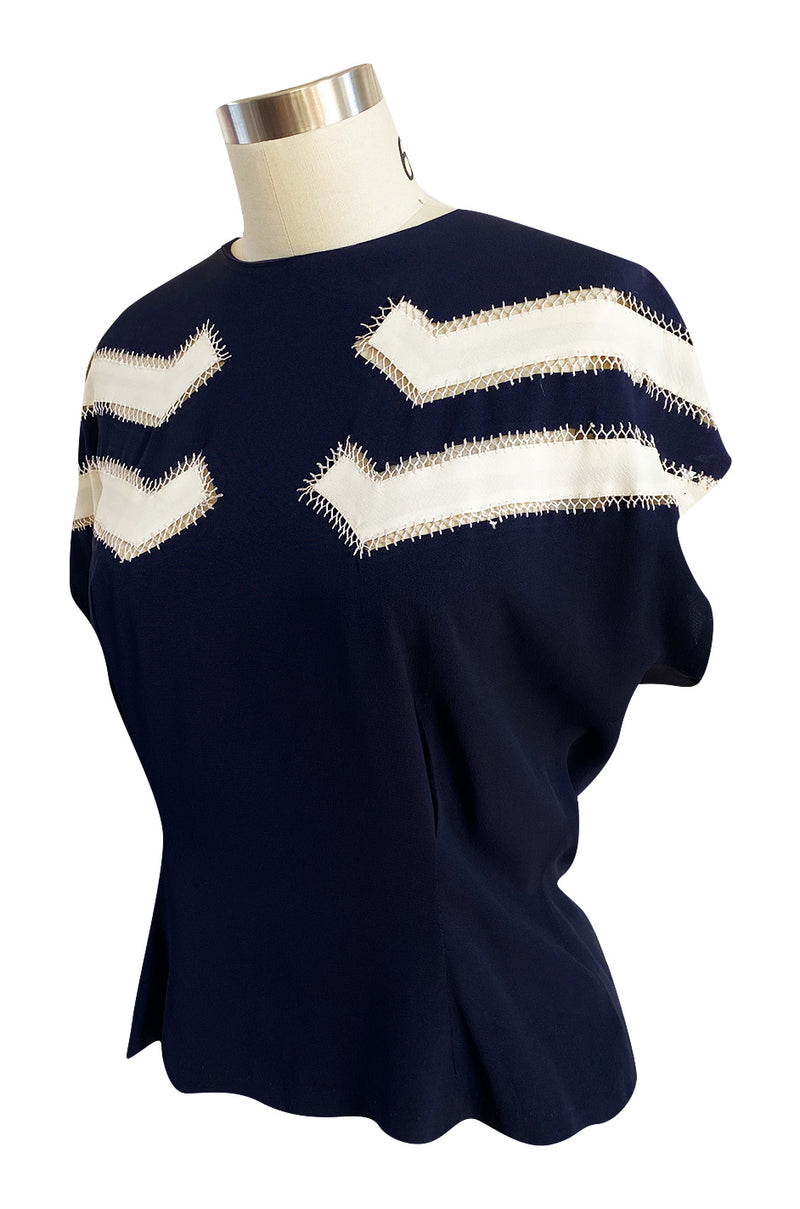 Wonderful 1940s Deep Blue Silk Top w Button Back, Front White Insets & Open Cut Work