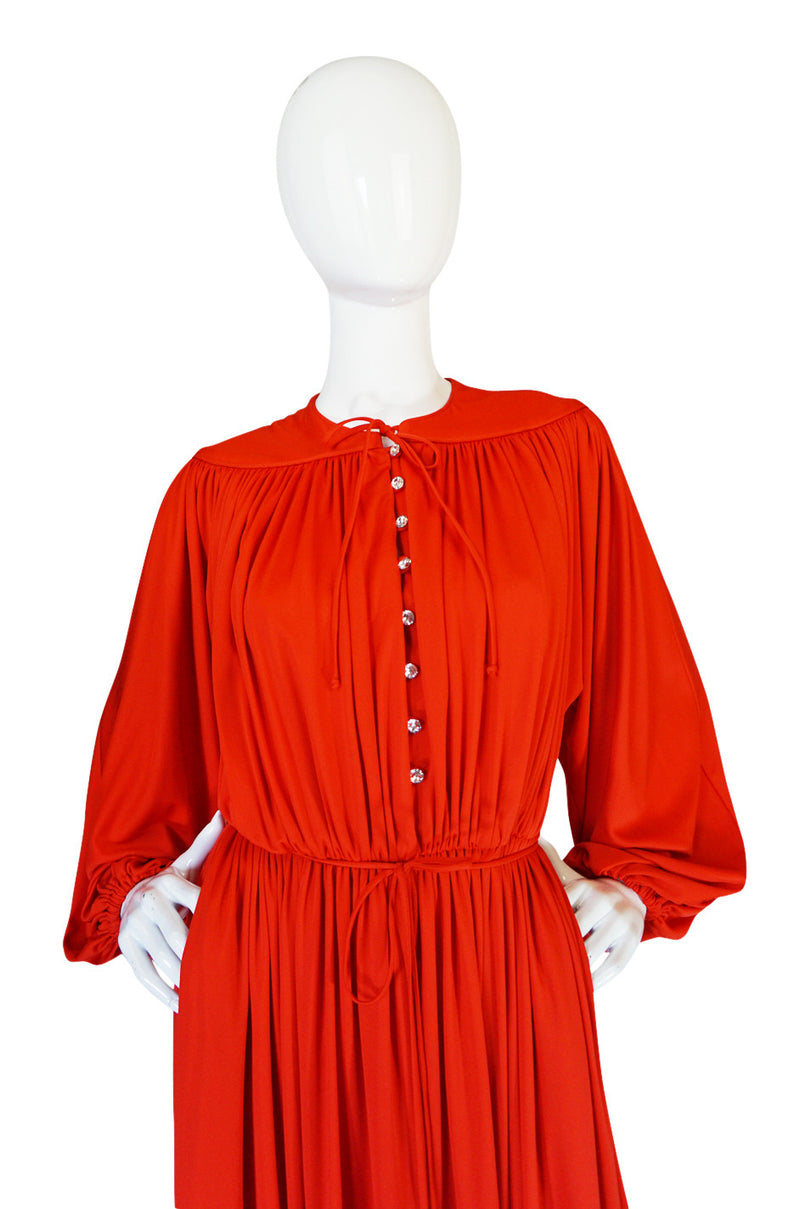 1970s Donald Brooks Red Jersey Crystal Button Dress