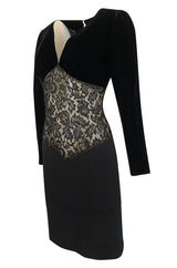 1980s Yves Saint Laurent Black Velvet, Lace & Jersey Dress