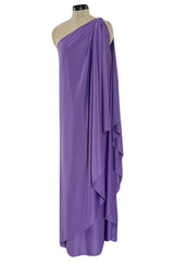 Classic 1978 Halston One Shoulder Draped Full Length Maxi Dress in a Light Purple Jersey