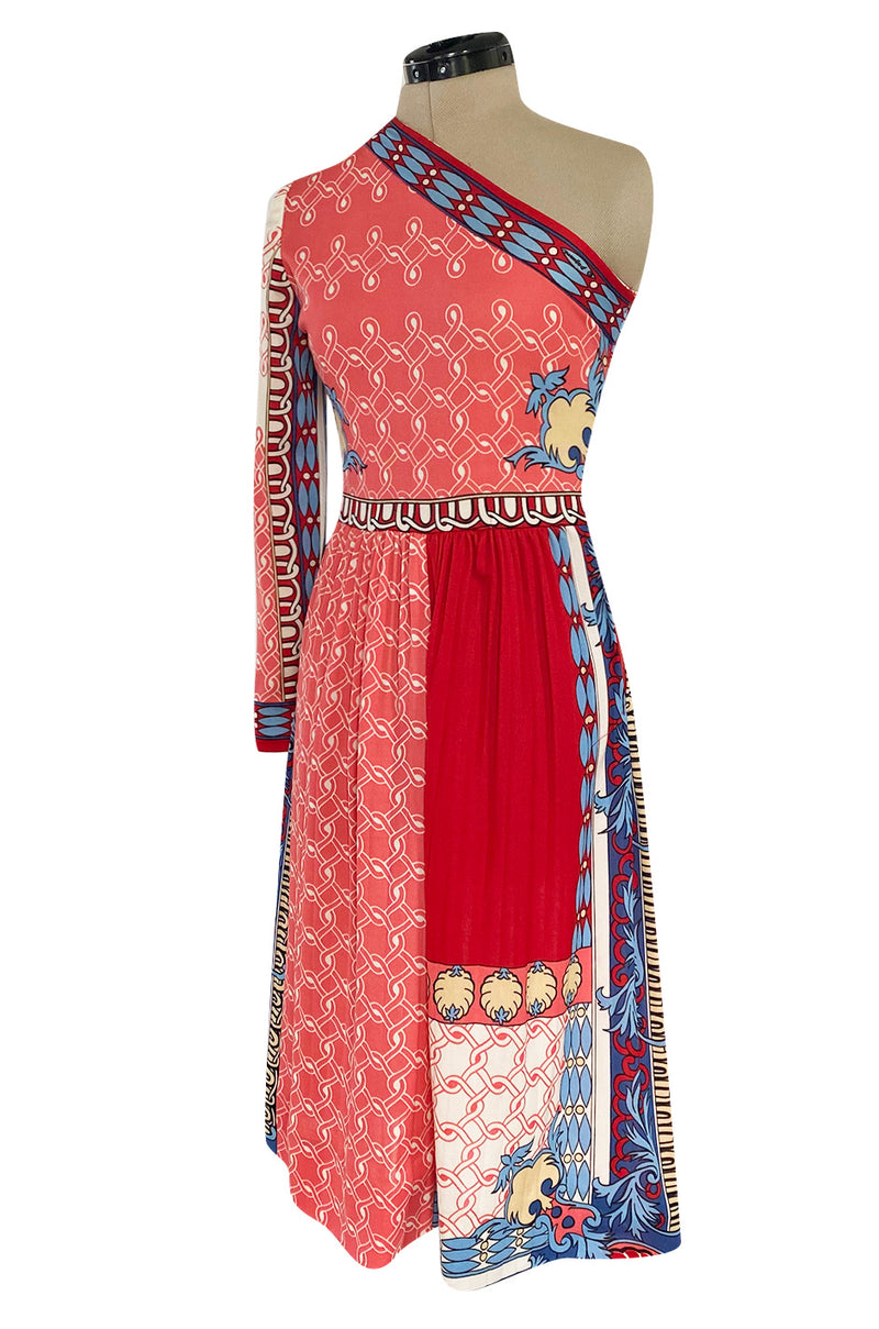 Cutest 1970s Paganne One Shoulder Red Pink & Blue Printed Jersey Dress w Swingy Skirt