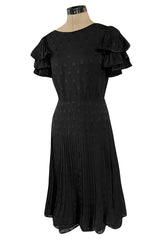 Spring 1980 Valentino Haute Couture Black Floral Silk Dress w Ruffle Sleeves & Pleated Skirt