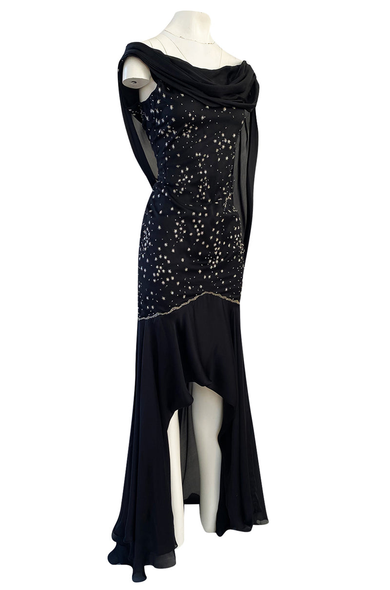 1980s Genny Draped Backless Black Silk Dress w Silver Star Thread Detailing