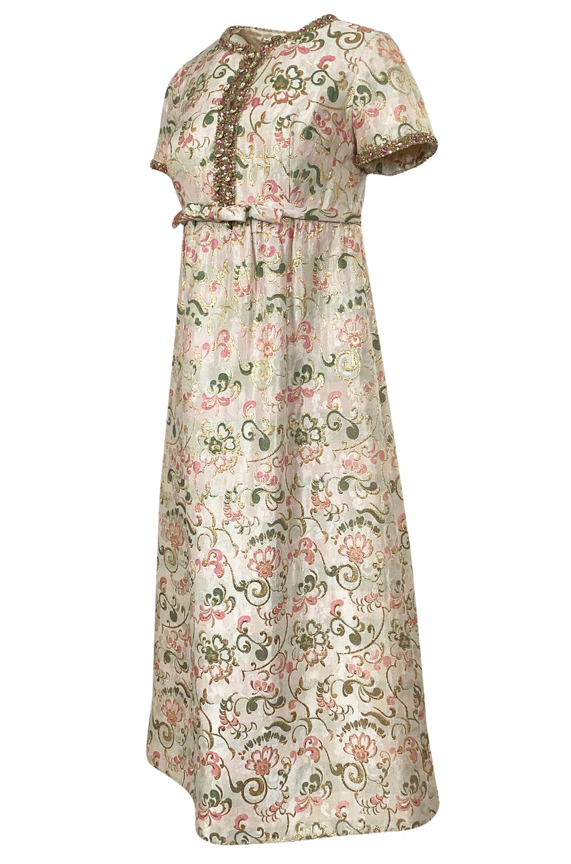1960s Nat Kaplan Silk Brocade Midi Dress w Elaborate Crystal Detailing