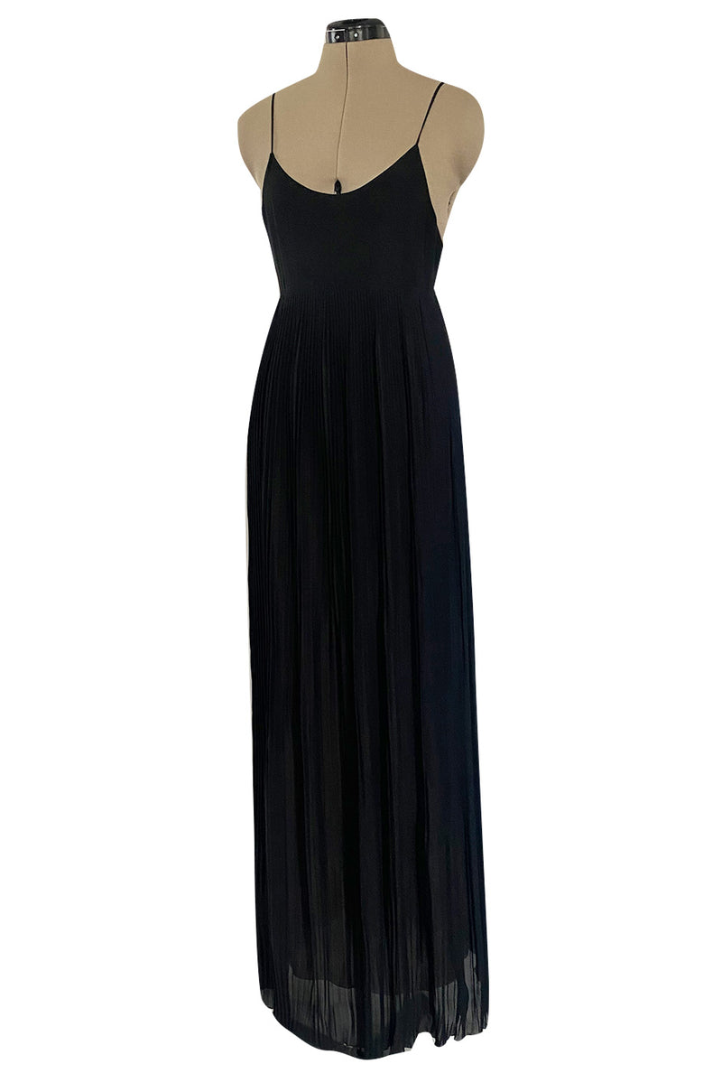 1970s Chloe by Karl Lagerfeld Black Silk Chiffon Tiny Knife Pleated Empire Bodice Dress