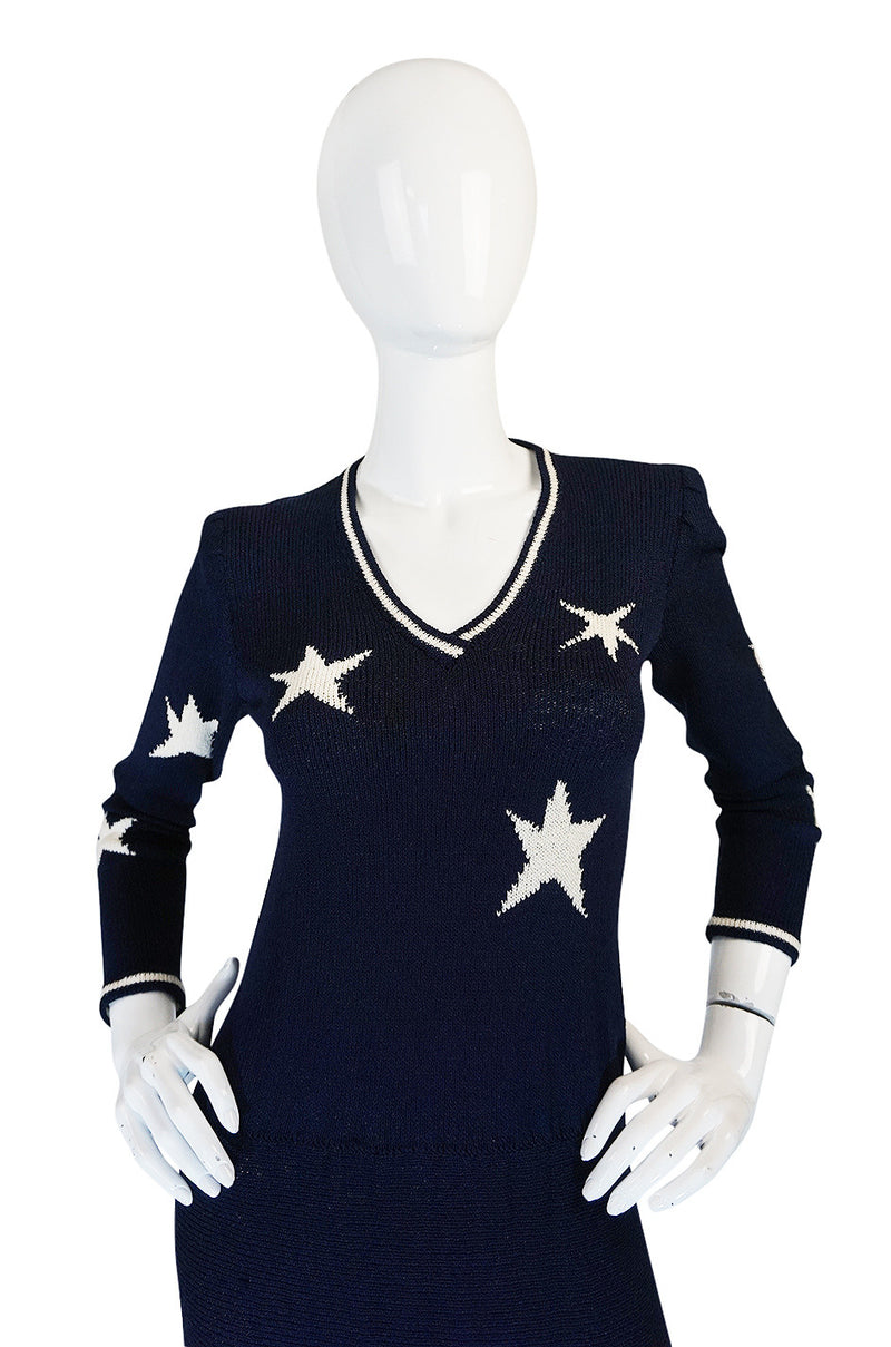 1970s Deep Navy Blue & White Star Print Adolfo Knit Dress