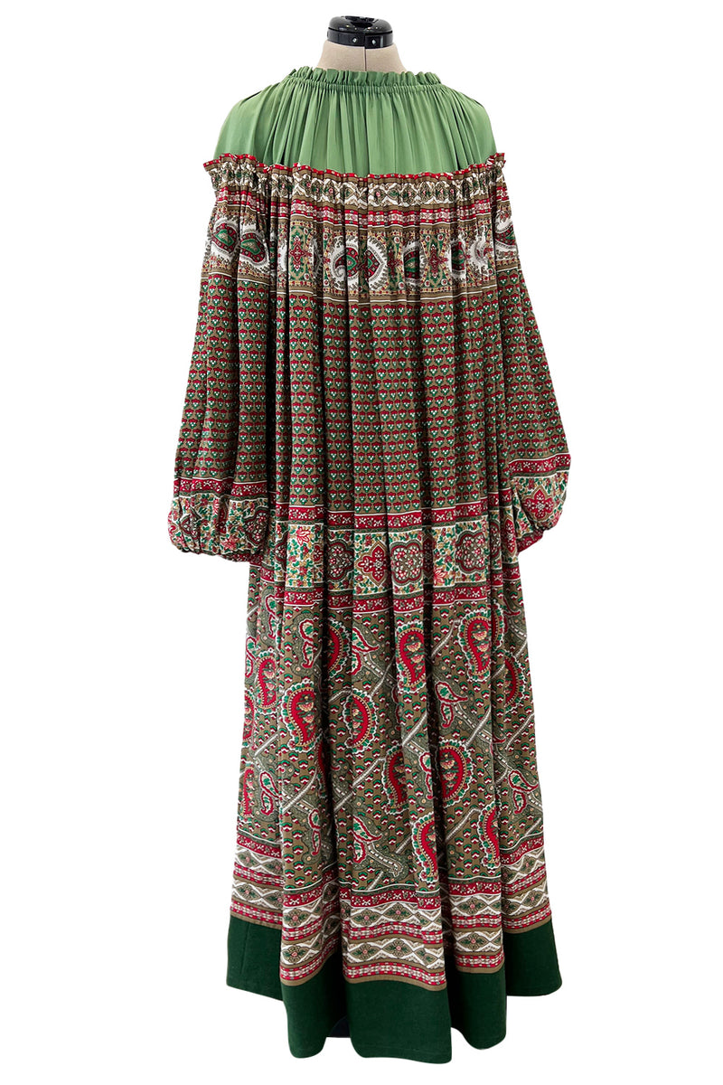 Gorgeous 1970s Lanvin Couture Printed Gathered Silk Caftan Dress w Balloon Sleeves & Felt Hem