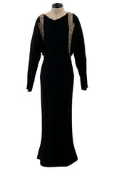 Fabulous 1930s Black Bias Cut Silk Crepe Dress w Unusual Rhinestone & Beaded Applique