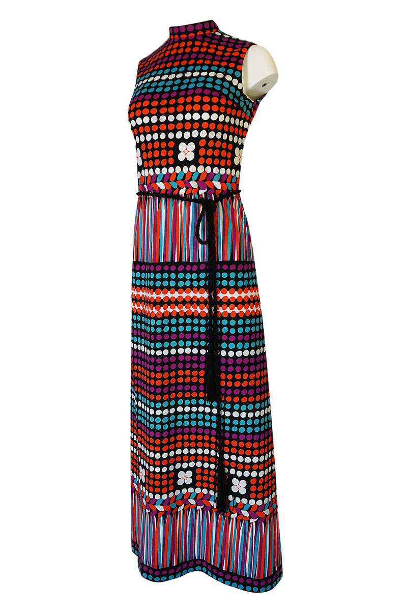 1970s Lanvin Bright Printed Dot & Stripe Jersey Dress