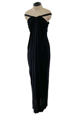 Easy to Wear 1970s Yuki Couture On or Off Shoulder Black Silk Jersey Draped Dress