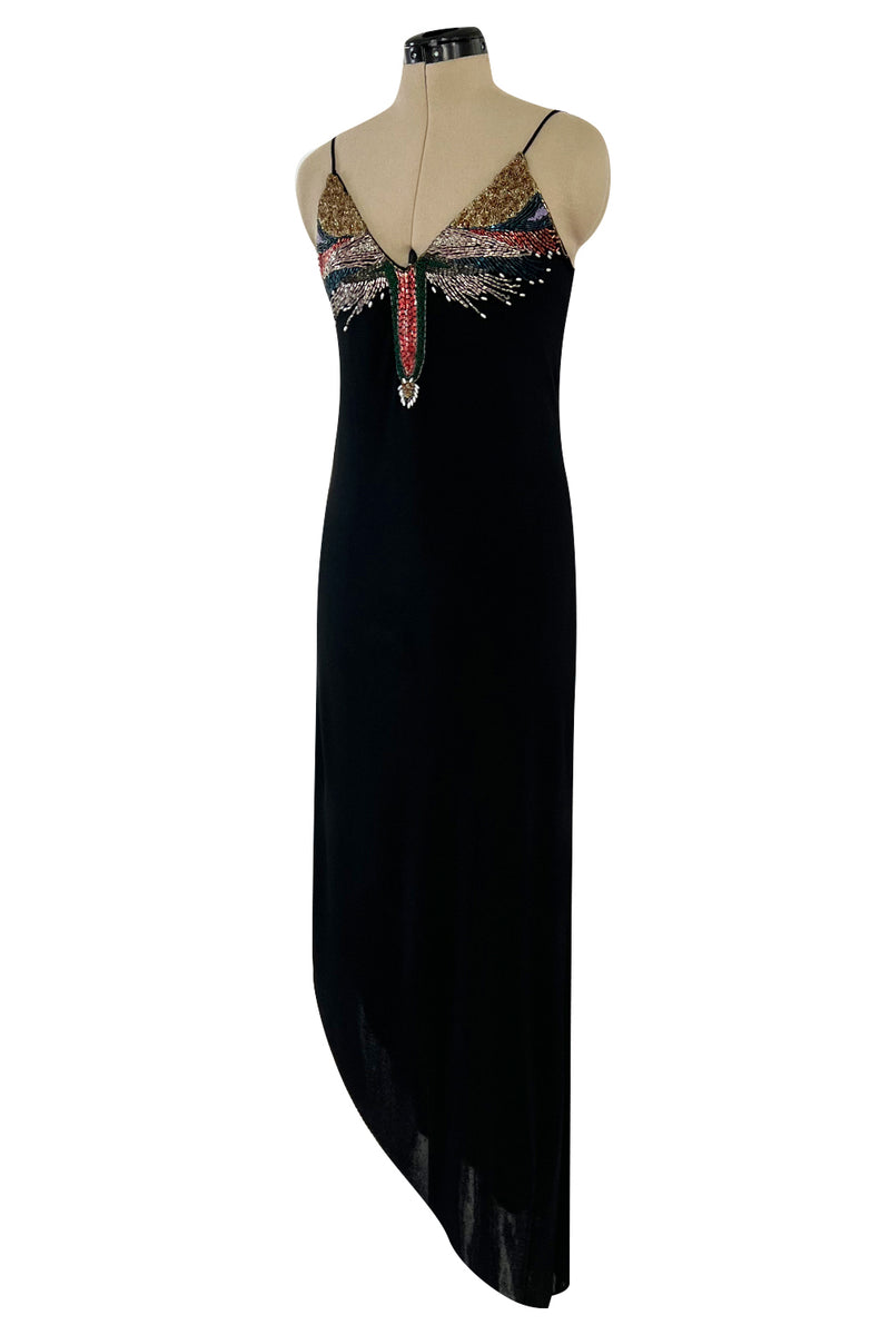 Late 1970s Stephen Burrows Hand Beaded Asymmetrical Hem Jersey Dress