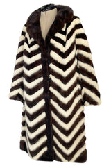 Wonderful 1960s Mink Coat w a Deep Brown Chocolate & Ivory Fur & Leather Chevron Pattern