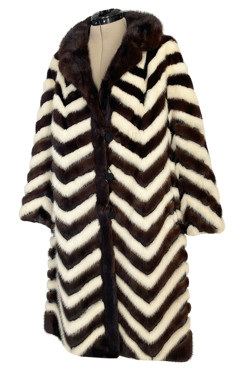 Wonderful 1960s Mink Coat w a Deep Brown Chocolate & Ivory Fur & Leather Chevron Pattern