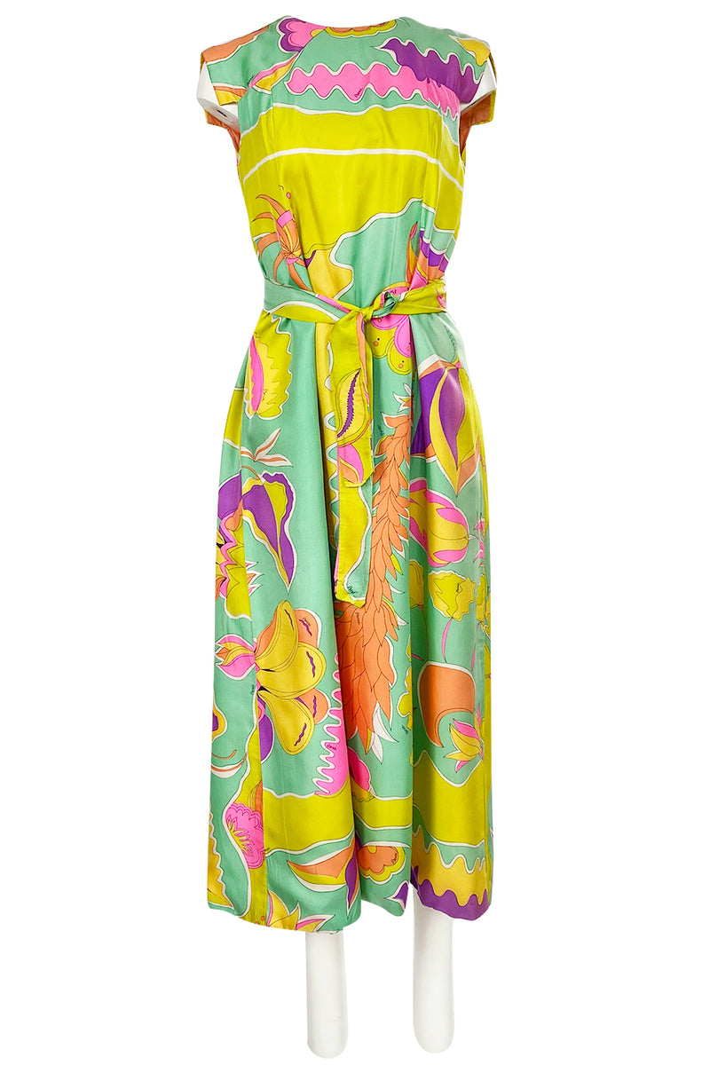 1960s Bessi Vivid Tropical Colors Printed Silk Twill Dress w Belt