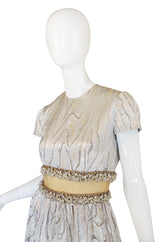 1960s Heavily Beaded Midriff Illusion Silver Gown