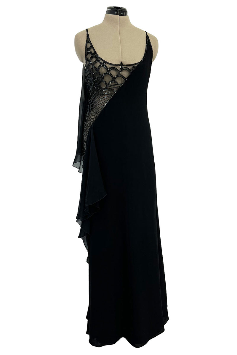 Spring 2000 Valentino Black Silk Dress w Shocking Sequin & Net Side Panel