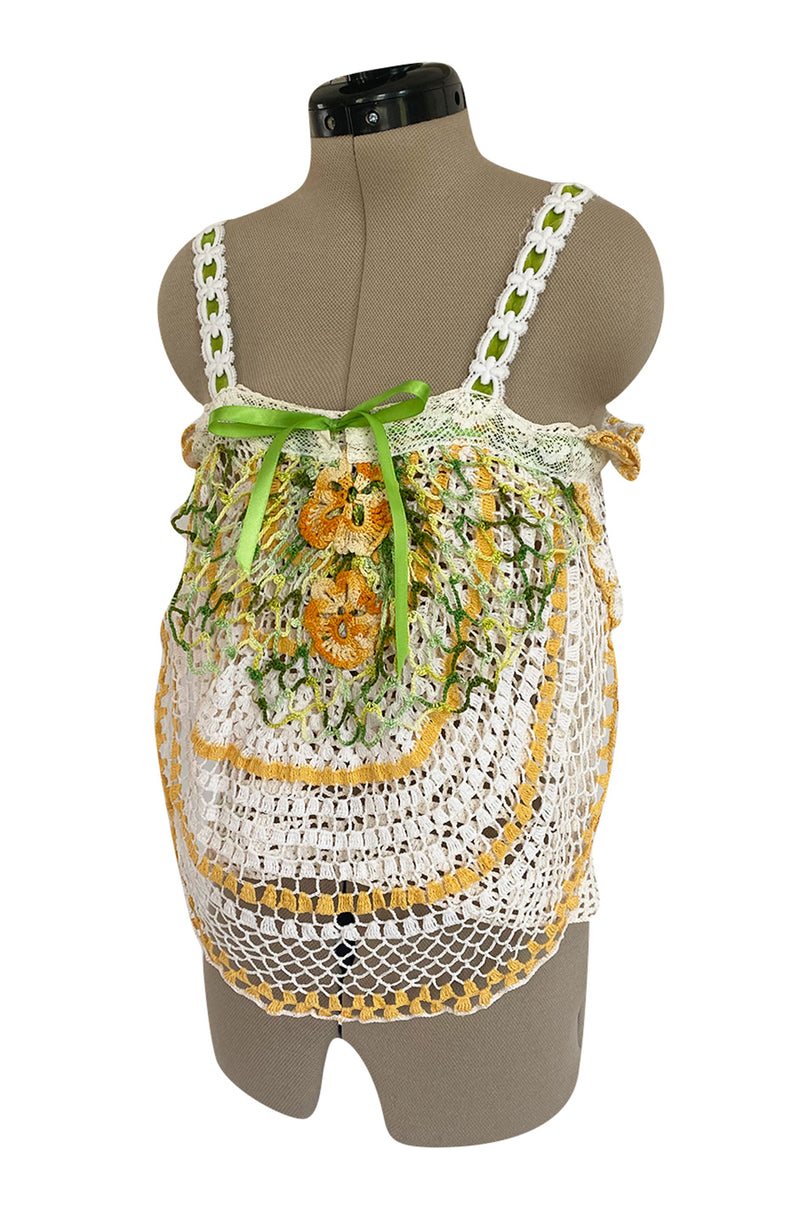 1960s Handmade Crocheted Crop Top w Longer Set Front & Flower Details