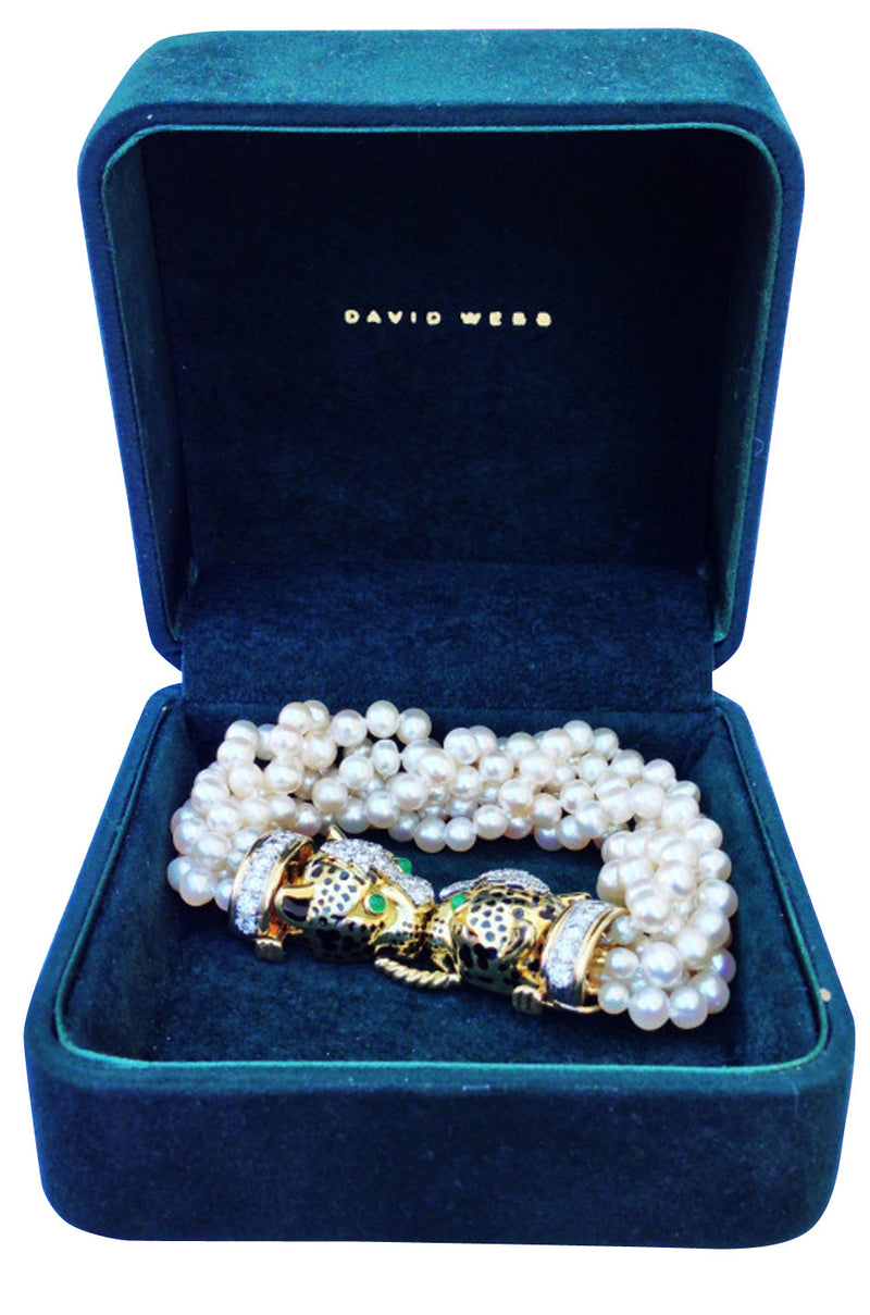 1970s David Webb Diamond Emerald Pearl Gold Platinum Bracelet