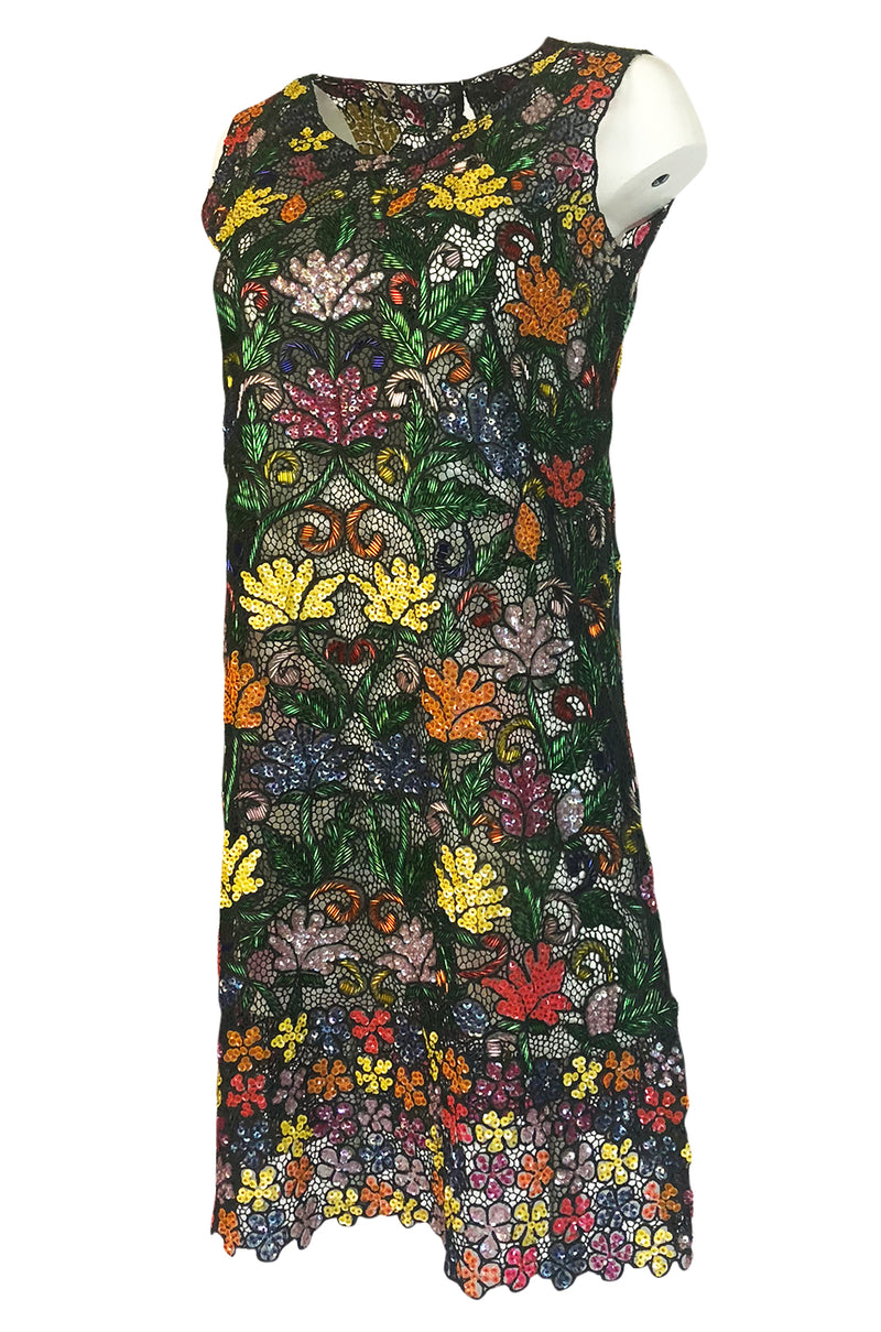 1960s Unlabeled Hand Made & Beaded and Sequin Netted Cord Dress