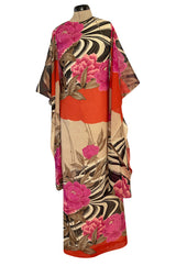 1960s Hanae Mori Couture Long Open Kimono Sleeve Pink Floral Print Cotton Caftan Dress