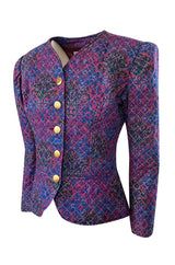 1983 Yves Saint Laurent Gold Metallic Thread Quilted Purple Print Jacket