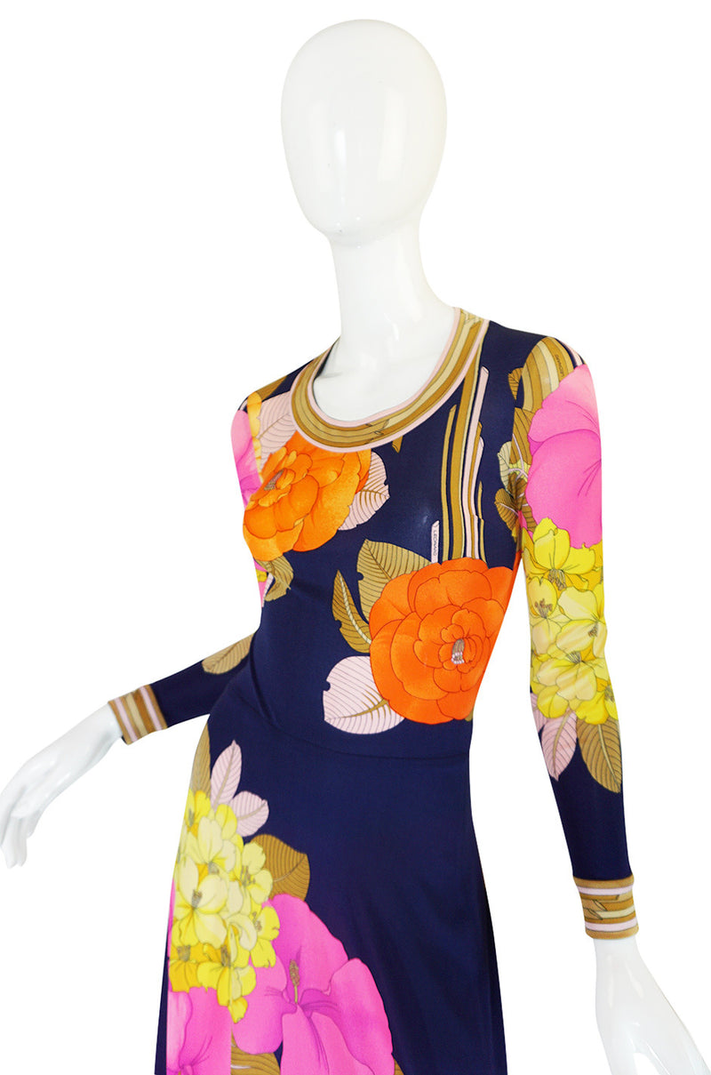 Beautiful 1970s Tropical Print Silk Jersey Leonard Maxi Dress