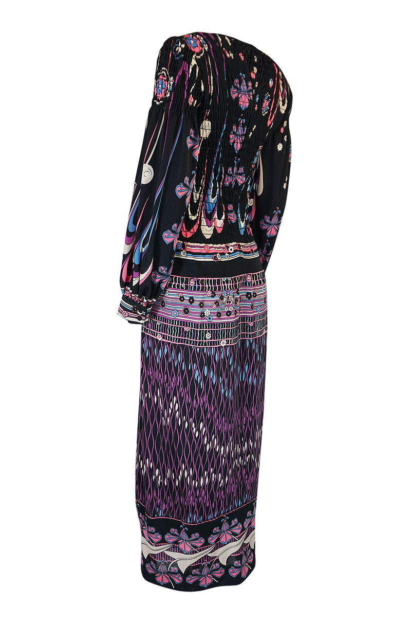 Unusual 1970s Paganne Smocked Jersey Printed Maxi Dress