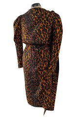 Iconic Fall 1982 Ady Couture Lausanne for Yves Saint Laurent Silk Leopard Print Dress w Draped Panel