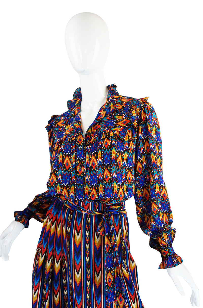 1970s Yves Saint Laurent Ikat Print Silk Skirt & Top