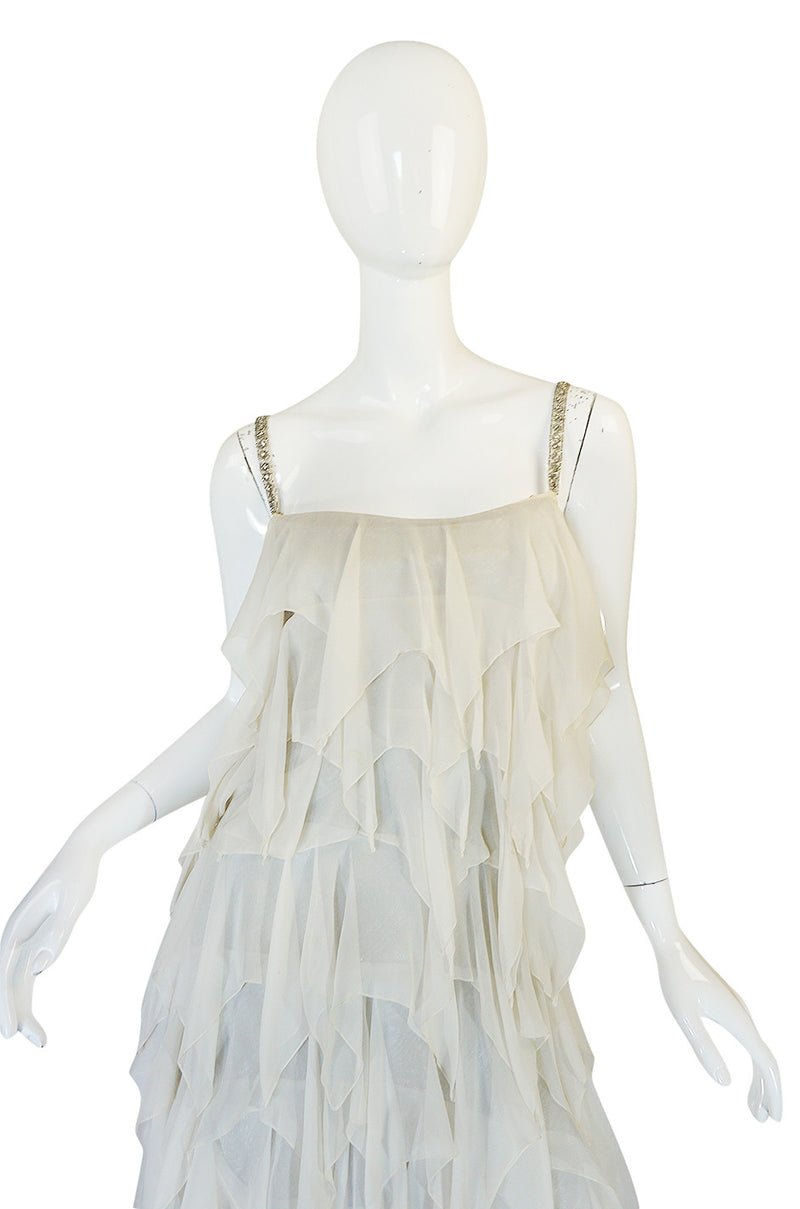 1970s Ivory Silk Chiffon & Silver Stavropoulos Petal Dress