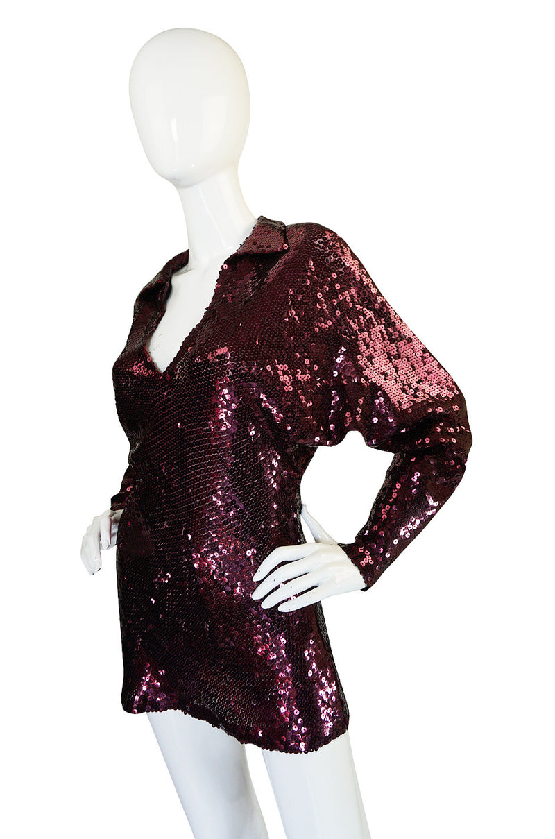 1970s Halston Burgundy Sequin Tunic or Mini Dress