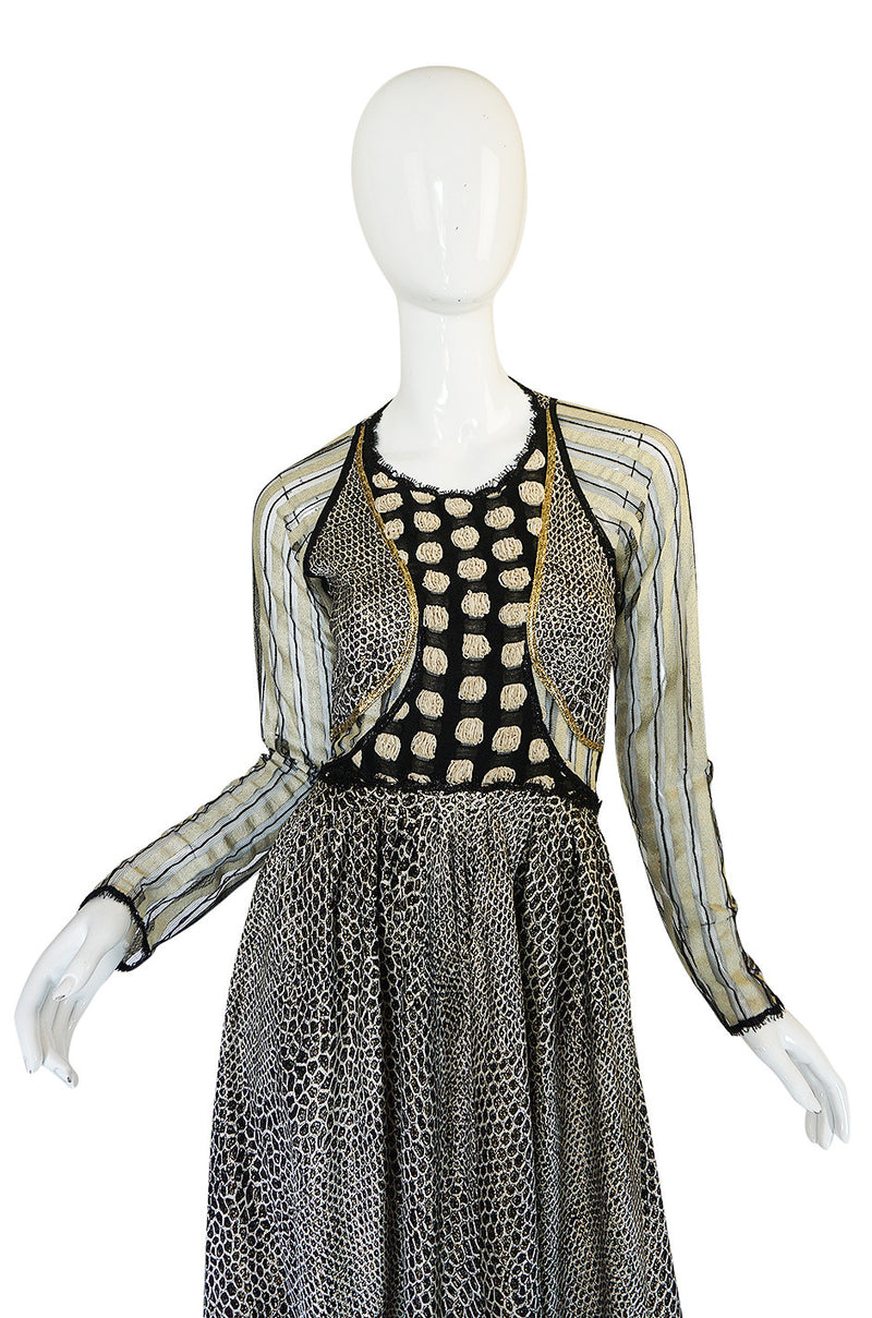 1970s Geoffrey Beene Couture Gold Metallic Lurex & Net Print Dress
