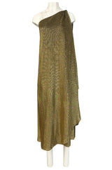 c.1978 Halston One Shoulder Gold Lame Jersey Full Length Maxi Dress