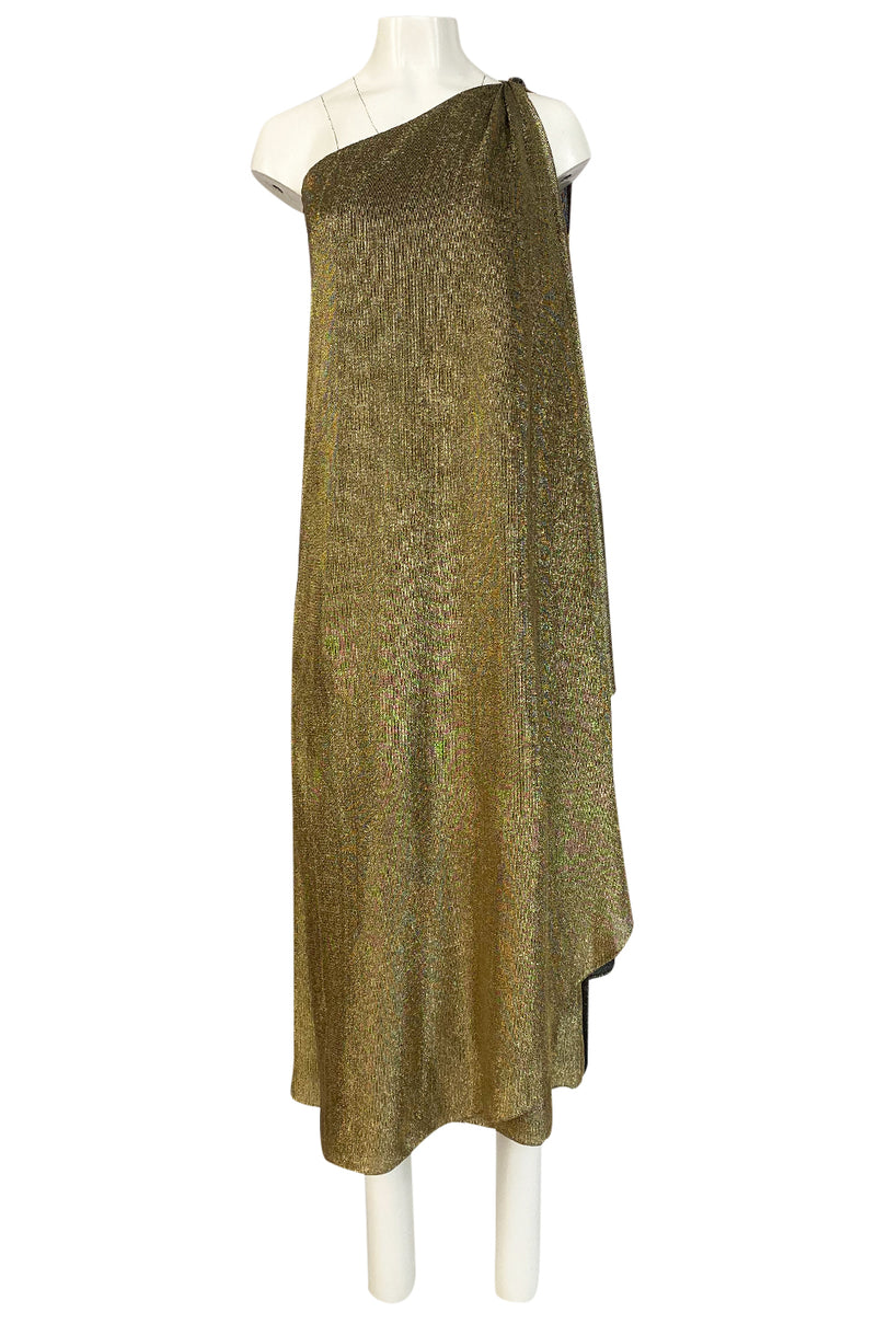 c.1978 Halston One Shoulder Gold Lame Jersey Full Length Maxi Dress