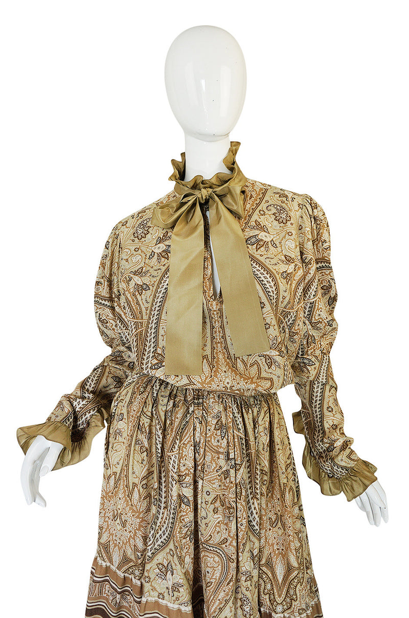 1970s Print Yves Saint Laurent Silk Trim Skirt & Top Set